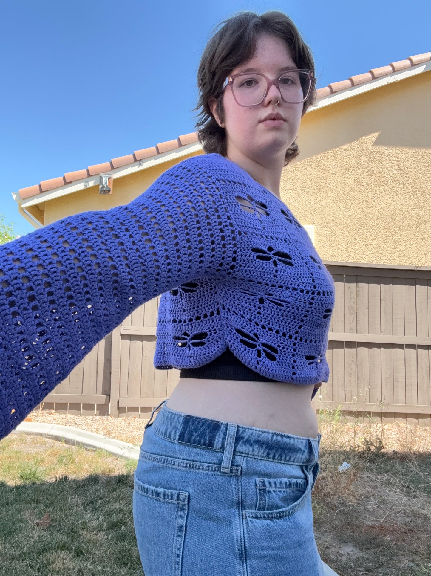 Purple Crochet Dragonfly Sweater