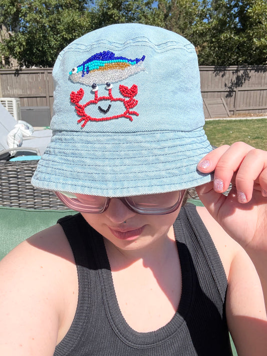 Denim Beaded Bucket Hat