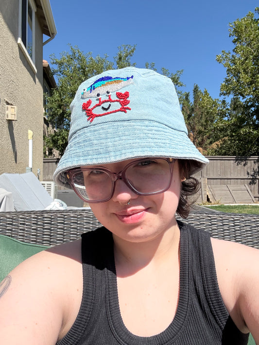 Denim Beaded Bucket Hat